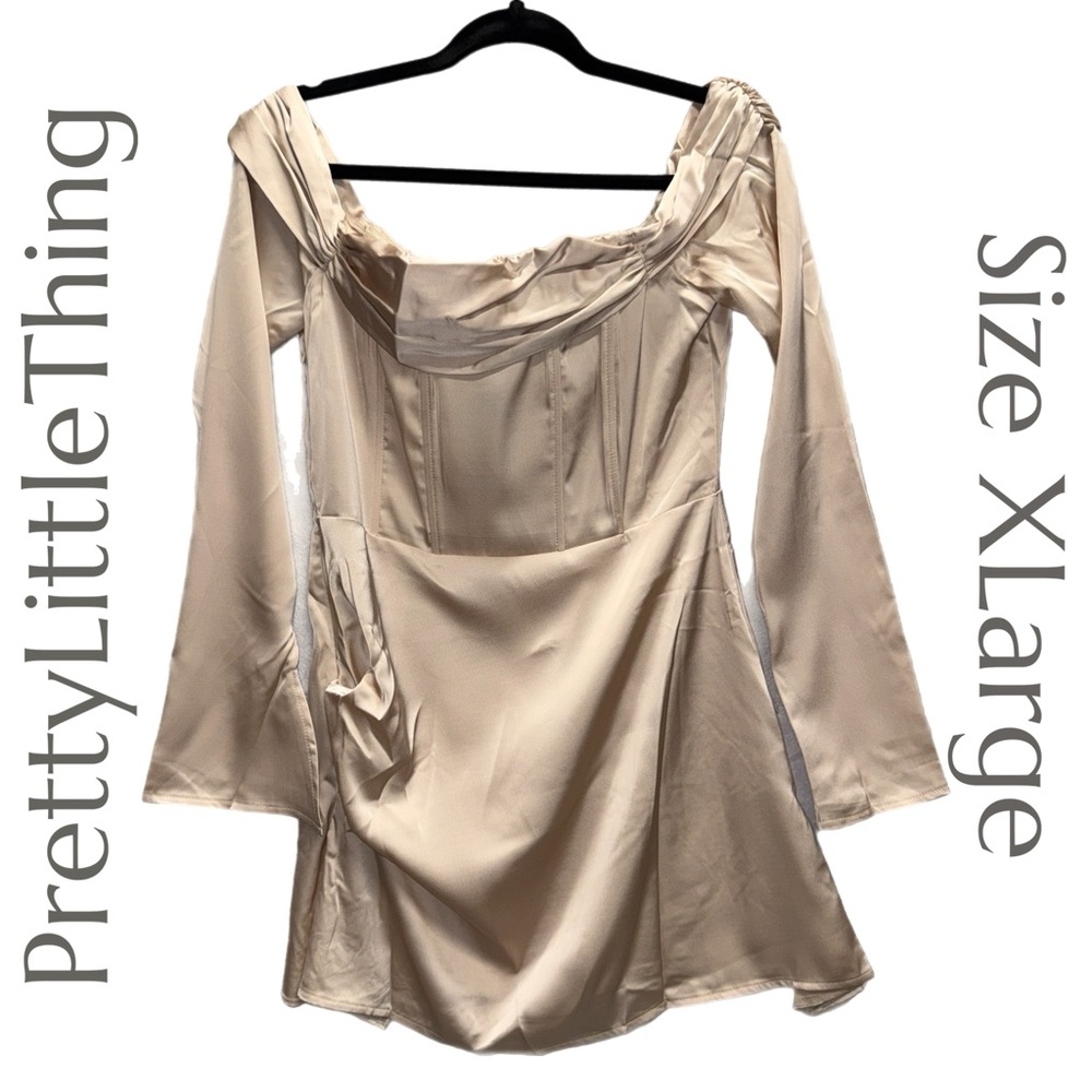 PrettyLittleThing - Champagne Satin Bardot Pleated Off Shoulder Dress -‎ Size 8